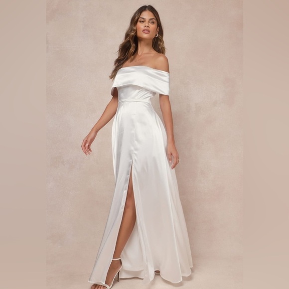 LULU’S Greatest Hits White Satin Off The Shoulder Maxi Dress - Picture 3 of 6